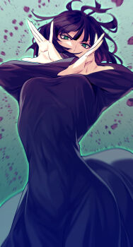 1girl absurdres aura black_dress black_hair breasts commentary covered_mouth covered_navel cowboy_shot crossed_arms debris dress floating_hair floating_rock fubuki_(one-punch_man) glowing green_background green_eyes highres looking_at_viewer medium_breasts motion_blur one-punch_man onimoti open_hands resolution_mismatch short_hair simple_background solo source_smaller telekinesis v-shaped_eyebrows