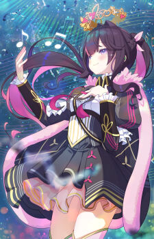 1girl absurdres azki_(hololive) azki_(prima_diva)_(hololive) black_cape black_dress black_overskirt blurry blurry_foreground blush bokeh boots braid breasts brown_hair cape center-flap_bangs center_frills closed_mouth colored_inner_hair commentary_request corset cowboy_shot crown depth_of_field double-parted_bangs dress earpiece feather-trimmed_cape feather_trim floating_crown flying_ribbons flying_teardrops frilled_sleeves frills fur-trimmed_cape fur_trim gold_trim hair_intakes half_up_braid hand_on_own_chest happy_tears highres hololive juliet_sleeves long_hair long_sleeves looking_afar looking_ahead mille mole mole_under_eye multicolored_hair music musical_note official_alternate_color official_alternate_costume official_alternate_hairstyle outstretched_hand overskirt pink_boots pink_hair pink_skirt pink_streaks pleated_dress ponytail puffy_sleeves purple_eyes see-through_skirt_layer shirt short_dress sidelocks singing skirt skirt_under_dress small_breasts smile solo streaked_hair tears thigh_boots underbust very_long_hair virtual_youtuber white_shirt