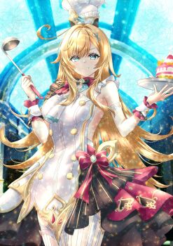 1girl apron aqua_eyes blonde_hair bow cake chef chef_hat closed_mouth cowlick escoffier_(genshin_impact) food fork_hair_ornament genshin_impact hat heart heart_in_eye highres holding holding_ladle ladle long_hair looking_at_viewer nakura_haru red_bow smile solo standing striped_clothes striped_thighhighs symbol_in_eye thighhighs tray white_apron white_hat white_thighhighs wrist_cuffs