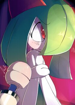 1girl blush colored_skin commentary english_commentary gen_3_pokemon green_hair green_skin hair_over_one_eye highres horns kirlia lodetail multicolored_skin nintendo pink_eyes pokemon pokemon_(creature) pokephilia sex_toy sidelocks sweat two-tone_skin vibrator white_skin