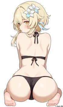 1girl absurdres ass back bare_shoulders barefoot black_panties blonde_hair blush closed_mouth commentary flower from_behind full_body genshin_impact hair_between_eyes hair_flower hair_ornament highres looking_at_viewer looking_back lumine_(genshin_impact) panties short_hair_with_long_locks simple_background sitting solo thejx_063 twitter_username underwear wariza white_background white_flower yellow_eyes