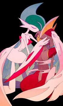 2others arm_blade bisharp black_background capelet closed_eyes colored_skin comforting facing_another gallade gen_4_pokemon gen_5_pokemon green_hair grey_helmet grey_trim hand_on_another&#039;s_cheek hand_on_another&#039;s_face hand_on_another&#039;s_head hand_on_helmet heads_together helmet highres kissing_head kneeling leaning_on_person mega_gallade mega_pokemon mohawk multiple_others nintendo no_mouth on_ground pokemon pokemon_(creature) pokemon_focus protecting red_helmet red_trim shoulder_pads two-tone_helmet umi-be-to weapon white_capelet white_skin wide_hips