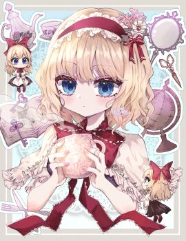 3girls alice_margatroid apron black_dress blonde_hair blue_eyes blush book bow capelet commentary cropped_torso cup dress fingernails flower fork frilled_capelet frilled_hairband frills globe hair_bow hair_flower hair_ornament hairband highres holding holding_cup hourai_doll jewelry kayon_(touzoku) key knife looking_at_viewer mirror mug multiple_girls multiple_rings nail_polish neck_ribbon puppet_rings red_bow red_ribbon ribbon ring scissors signature teacup teapot touhou upper_body white_apron white_capelet
