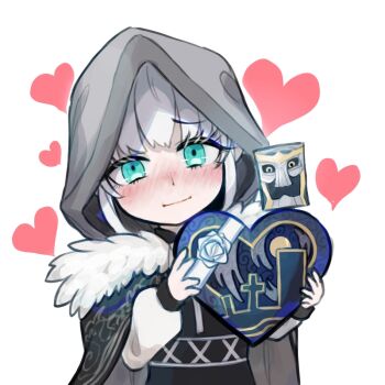 Rule 34 | 1girl, add (fate), aqua eyes, black cloak, black dress, blush, box, chibi, cloak, cube, discat, dress, fate/grand order, fate (series), fur-trimmed cloak, fur trim, gift, gift box, gray (fate), grey hair, heart, heart-shaped box, hood, hooded cloak, long sleeves, looking at viewer, medium hair, sidelocks, smile
