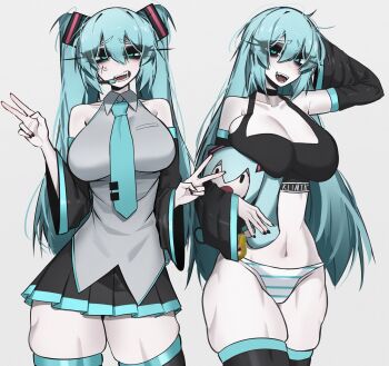 1girl ace_glitch aqua_eyes aqua_hair aqua_necktie armpit_crease black_bra black_nails black_skirt black_sleeves bra breasts cowboy_shot detached_sleeves grey_background grey_shirt hatsune_miku headset highres holding holding_stuffed_toy large_breasts long_hair messy_hair multiple_views navel necktie panties sharp_teeth shirt simple_background skindentation skirt smile striped_clothes striped_panties stuffed_toy teeth thighhighs twintails underwear v very_long_hair vocaloid