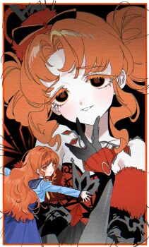 Rule 34 | bare shoulders, black background, black eyes, black gloves, blue jacket, blue sailor collar, blue skirt, border, colored eyelashes, commentary request, double bun, dress, dual persona, elbow gloves, furrowed brow, gloves, gogumata, hair bun, hand on own chin, hand up, hat, highres, himitsu no aipri, idol, idol clothes, jacket, korean commentary, light blush, long hair, long sleeves, multiple views, off-shoulder dress, off shoulder, orange border, orange eyes, orange hair, paradise private academy school uniform, parted bangs, parted lips, pout, pretty series, red dress, red hat, sailor collar, school uniform, shinomiya rinrin, skirt, standing, teeth, v-shaped eyebrows, wavy hair, wavy sidelocks, white border