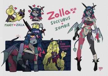 2girls bandages black_footwear blood bloody_bandages broken_horn colored_skin demon_girl demon_tail demon_wings drooling english_text green_skin highres horns mandy_(milkytiddyboy) milkytiddyboy monster_girl mouth_drool multiple_girls object_through_head open_mouth original patchwork_clothes polka_dot polka_dot_background shirt signature skeleton slime_girl stitches sword_in_head tail torn_clothes transparent wings zolla_(milkytiddyboy) zombie