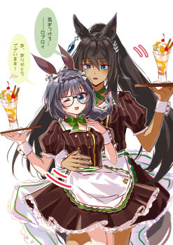 2girls absurdres animal_ears apron black_hair blue_eyes blush bow braid breasts brown_hair brown_shirt brown_skirt coco's commentary_request crown_braid dark-skinned_female dark_skin earrings food glasses green_bow hair_between_eyes highres holding holding_tray horse_ears horse_girl horse_tail jewelry long_hair looking_at_viewer medium_breasts morizu929 motion_lines multiple_girls one_eye_closed open_mouth parfait ponytail puffy_short_sleeves puffy_sleeves shirt short_sleeves single_earring skirt smile speech_bubble symboli_kris_s_(umamusume) tail translation_request tray umamusume waist_apron white_apron white_wrist_cuffs wrist_cuffs zenno_rob_roy_(umamusume)