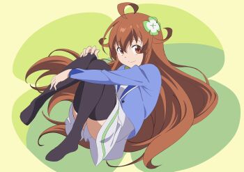 1girl ahoge amamiya_mimori black_thighhighs blazer blue_jacket brown_eyes brown_hair closed_mouth clover_hair_ornament dress hair_ornament highres hugging_own_legs jacket long_hair open_clothes open_jacket school_uniform shadowverse shadowverse_(animated_series) shadowverse_(anime) solo thighhighs white_dress yusuke_oshida