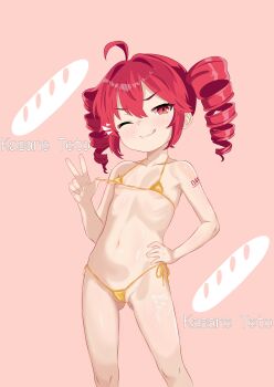 1girl ;q absurdres ahoge baguette bikini blush bread character_name drill_hair flat_chest food gluteal_fold hand_on_own_hip harioqi highres kasane_teto loli micro_bikini navel nipple_slip nipples one_eye_closed red_hair side-tie_bikini_bottom simple_background solo swimsuit tongue tongue_out twin_drills utau yellow_bikini