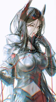 1girl absurdres arknights armor artist_name black_hair black_horns blurry breastplate breasts chinese_commentary choker chromatic_aberration clothing_cutout commentary cross-shaped_pupils gauntlets grey_armor hands_up highres horns ines_(arknights) ines_(under_the_flaming_dome)_(arknights) large_breasts long_hair long_sidelocks midriff navel official_alternate_costume parted_bangs red_choker red_eyes sakiyo sidelocks simple_background solo stomach_cutout straight_hair string string_in_mouth symbol-shaped_pupils upper_body vambraces very_long_hair white_background