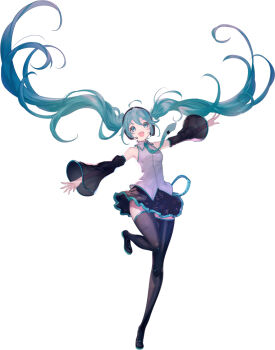1girl :d ahoge asukayou black_hairband black_skirt black_sleeves blue_eyes blue_hair blue_necktie boots breasts collared_shirt commentary detached_sleeves floating_hair full_body grey_shirt hair_between_eyes hair_ornament hairband hatsune_miku headphones headset long_hair long_sleeves looking_at_viewer medium_breasts miku_day miniskirt necktie open_mouth outstretched_arms pleated_skirt shirt simple_background skirt sleeveless sleeveless_shirt smile solo standing thigh_boots twintails very_long_hair vocaloid white_background
