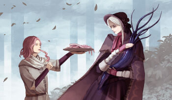 bloodborne bonnet doll doll_joints dress elden_ring frown grey_hair highres hunter_(great_one)_(bloodborne) joints melina_(elden_ring) octopus offering_food omnileaden pink_hair plain_doll skewer squid tentacles