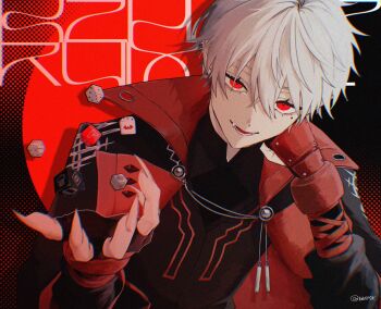 Rule 34 | 1boy, alternate costume, commentary, dice, fangs, fingernails, flower stand art, hair between eyes, head rest, highres, jacket, kuzuha (nijisanji), long sleeves, looking at viewer, male focus, mole, mole under eye, muki (66717k), nijisanji, open mouth, outstretched hand, red eyes, sharp fingernails, short hair, smile, solo, teeth, upper body, virtual youtuber, white hair