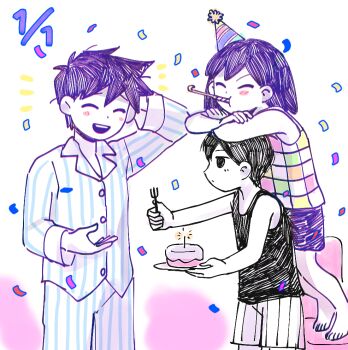 3boys antenna_hair arm_behind_head arm_up barefoot black_eyes black_hair black_tank_top blush brothers cake checkered_clothes closed_eyes closed_mouth collared_pajamas colored_skin commentary_request confetti dated double-parted_bangs food fork hair_between_eyes hat hero_(headspace)_(omori) hero_(omori) holding holding_fork holding_plate kel_(headspace)_(omori) kel_(omori) long_sleeves looking_at_another male_focus multiple_boys omori omori_(omori) open_mouth pajamas pants party_hat plate purple_hair purple_shorts rasu_(pixiv9799832) short_hair shorts siblings smile standing striped_clothes striped_pajamas striped_pants striped_shorts tank_top vertical-striped_clothes vertical-striped_pajamas vertical-striped_pants vertical-striped_shorts white_pajamas white_pants white_shorts white_skin