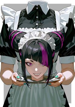 1girl absurdres black_hair breasts hair_horns halloween han_juri headless highres jewelry looking_at_viewer maid medium_breasts multicolored_hair nail_polish purple_eyes smile solo street_fighter street_fighter_6 yagi_(joe731842)