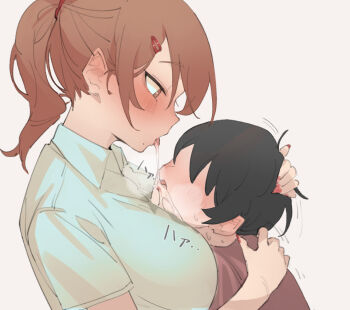 1boy 1girl age_difference between_breasts blush breasts brown_eyes brown_hair drooling drooling_on_another femdom from_side grey_background hair_ornament hairclip head_between_breasts holding_to_chest hug kurokiri6630 matching_hair/eyes nail_polish no_eyes older_female_and_younger_male onee-shota ponytail saliva_swap shota simple_background size_difference spitting