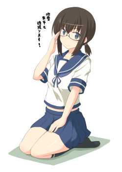 1girl adjusting_eyewear bespectacled black-framed_eyewear black_socks blue_neckerchief blue_sailor_collar blue_skirt blush brown_hair character_name collarbone commentary_request fubuki_(kancolle) full_body glasses green_eyes hair_between_eyes hair_tie hand_up kantai_collection kneehighs kugui_kiyunemu looking_at_viewer low_ponytail medium_hair midriff miniskirt neckerchief pleated_skirt ponytail sailor_collar school_uniform seiza serafuku shadow shirt short_sleeves sidelocks simple_background sitting skirt smile socks solo white_background white_shirt
