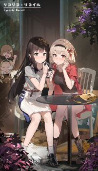 4girls absurdres anger_vein angry artist_name belt belt_buckle black_footwear black_hair black_hairband black_shirt black_socks blonde_hair blunt_bangs blush boots bow brown_belt brown_eyes brown_footwear buckle bush buttons casual chair closed_eyes closed_mouth collarbone collared_shirt commentary_request copyright_name cup drink drinking_straw drinking_straw_in_mouth eyelashes forehead full_body glasses grey_shirt hair_bow hair_ornament hairband hand_up hands_up highres holding holding_cup inoue_takina kuhnowushi kurumi_(lycoris_recoil) lace-up_boots long_hair looking_at_viewer lycoris_recoil multiple_girls nakahara_mizuki nishikigi_chisato nose_bubble on_chair open_clothes open_mouth open_shirt plant pleated_skirt purple_eyes red_bow red_shirt revision shared_drink shirt shirt_tucked_in shoes short_hair short_sleeves sidelocks sitting skirt sleeping socks table undershirt very_long_hair white_skirt white_socks yuri