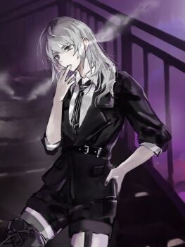 Rule 34 | 1girl, black jacket, black shorts, cigarette, feiyu30903448, garter straps, girls band cry, grey eyes, grey hair, grey nails, hand on own hip, highres, jacket, kawaragi momoka, multicolored hair, nail polish, roots (hair), shorts, smoke, solo, thighhighs, three-quarter sleeves