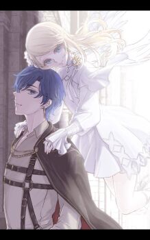 Rule 34 | 1boy, 1girl, age difference, aiguillette, angel wings, aqua eyes, arch, black cape, black vs white, blonde hair, blue eyes, blue hair, brick wall, brooch, building, cape, capelet, chest harness, cleavage cutout, closed mouth, clothing cutout, collared shirt, color contrast, colorful festival (project sekai), column, curtained hair, dress, dress shirt, earrings, embroidered dress, embroidery, feathered wings, fingernails, flat chest, floating, floating hair, flower brooch, frilled sleeves, frills, from side, gem, gladiator sandals, gold trim, grey shirt, hair over one eye, half-closed eyes, hands on another's shoulders, harness, head back, heads together, height difference, high collar, highres, jewelry, kagamine rin, kaito (vocaloid), letterboxed, light smile, long hair, long sleeves, looking at viewer, never give up cooking! (project sekai), nuzzle, o-ring, official alternate costume, official alternate hairstyle, pearl (gemstone), pillar, profile, project sekai, puffy lips, puffy long sleeves, puffy sleeves, sandals, seki (kreuz4360), shirt, sideways glance, smile, standing, straight-on, sweater guard, swept bangs, thick eyelashes, tsurime, two-sided cape, two-sided fabric, upper body, vivid bad squad kaito, vocaloid, white capelet, white dress, white wings, wings