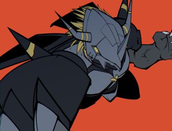 1boy armor black_armor black_skin blackwargreymon blonde_hair claw_(weapon) claws colored_skin digimon digimon_(creature) digimon_adventure_02 digimon_savers digimon_world_re:digitize fake_horns helmet highres horned_helmet horns looking_at_viewer male_focus mechanical_wings monster ridgeone short_hair shoulder_spikes simple_background solo spikes weapon wings yellow_eyes