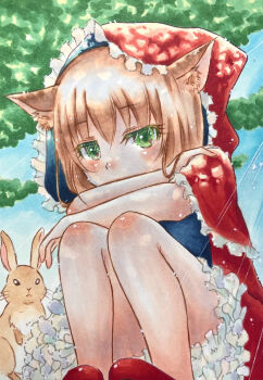 1girl absurdres acoya2022 animal animal_ear_fluff animal_ears blush capelet cat_ears choppy_bangs commentary_request covering_own_mouth crossed_arms day frills full_body green_eyes highres hood hooded_capelet knees_up looking_at_viewer marker_(medium) original outdoors rabbit red_capelet red_shoes shoes sitting solo traditional_media