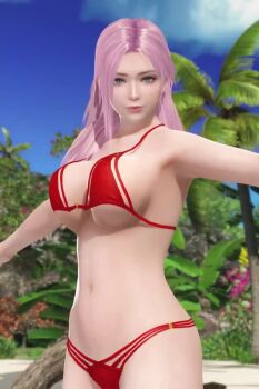 1girl 3d animated aqua_eyes bikini blue_sky bouncing_breasts breasts dead_or_alive dead_or_alive_xtreme dead_or_alive_xtreme_venus_vacation elise_(doa) jumping large_breasts long_hair looking_at_viewer outdoors palm_tree pink_hair red_bikini sky swimsuit tagme tree video