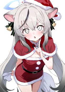 1girl absurdres animal_ears bell black_hair blue_archive blue_halo blush brown_eyes capelet commentary_request constricted_pupils dress fur-trimmed_capelet fur-trimmed_dress fur-trimmed_headwear fur_trim gradient_hair grey_hair hair_bell hair_ornament halo hat highres kokona_(blue_archive) leaning_forward long_hair looking_at_viewer multicolored_hair open_mouth red_capelet red_dress red_hat santa_costume santa_dress santa_hat short_dress simple_background solo strapless strapless_dress streaked_hair tiger_ears tiger_girl transparent_background twintails very_long_hair yucblossom