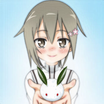Rule 34 | 1girl, blue background, blush, breath, brown eyes, brown hair, flower, hair flower, hair ornament, hairclip, holding, holding snowball, jacket, leaf, long sleeves, looking at viewer, minowa gin, pink flower, short hair, smile, snow rabbit, snowball, t jiroo (ringofriend), upper body, washio sumi wa yuusha de aru, white jacket, yuuki yuuna wa yuusha de aru, yuusha de aru