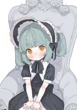 1girl @_@ aqua_hair armchair black_dress blush bonnet chair closed_mouth commentary commission cropped doll_joints dress english_commentary highres joints lolita_fashion looking_at_viewer orange_eyes original possummachine puffy_short_sleeves puffy_sleeves shoes short_hair short_sleeves sitting solo thick_eyebrows twintails white_background