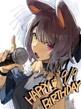 1girl absurdres animal_ears armpit_crease bare_shoulders blue_bow blue_dress blue_sleeves bow bracelet breasts brown_hair collarbone commentary_request dated detached_sleeves dog_ears dress english_text fang from_side fur-trimmed_sleeves fur_trim hair_bow halter_dress halterneck hand_up happy_birthday heterochromia highres holding holding_microphone inui_toko inui_toko_(nornis) jewelry looking_at_viewer looking_to_the_side medium_breasts medium_hair microphone nijisanji open_mouth portrait red_eyes short_sleeves skin_fang solo virtual_youtuber white_background yellow_eyes zxjv