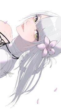 1girl bandaged_arm bandaged_neck bandages blunt_bangs braid braided_hair_rings closed_mouth falling_petals flower green_eyes grey_hair hair_between_eyes hair_flower hair_ornament hair_rings highres kaine_(nier) light_smile lingerie long_hair looking_at_viewer mistististxii negligee nier nier_(series) parted_bangs petals pink_flower pink_petals signature single_bare_shoulder single_sidelock solo underwear updo upper_body white_background