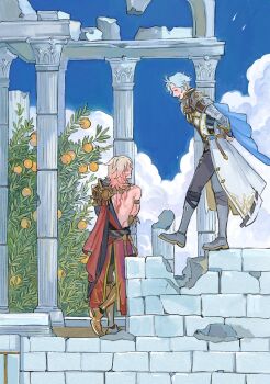 2boys antenna_hair armlet armor armored_boots arms_behind_back back_tattoo black_pants black_shirt blonde_hair blue_cape blue_sky boots bunnyclvb cape closed_eyes cloud coat day facial_tattoo facing_another food from_side fruit full_body gold_armor gold_trim grey_boots honkai:_star_rail honkai_(series) jewelry knee_boots male_focus medium_hair multiple_boys mydei_(honkai:_star_rail) necklace on_wall open_mouth orange_(fruit) orange_tree outdoors pants parted_bangs pauldrons phainon_(honkai:_star_rail) pillar popped_collar profile red_cape red_tattoo shirt short_hair shoulder_armor side_cape sky smile standing tattoo tree waist_cape walking_on_wall white_coat white_hair