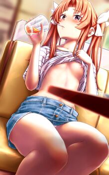 alternate_costume blouse blurry blush brown_hair casual clothes_lift collarbone cup denim denim_skirt depth_of_field drinking drinking_glass embarrassed flashing hair_ribbon holding holding_cup indoors kagerou_(kancolle) kagerou_kai_ni_(kancolle) kantai_collection kobamiso_(kobalt) lifting_own_clothes long_hair looking_at_viewer nipples no_bra oppai_challenge panties pink_panties presenting_breasts purple_eyes ribbon shirt shirt_lift short_sleeves sidelocks skirt solo stomach striped_clothes striped_shirt table thighs twintails underwear white_ribbon