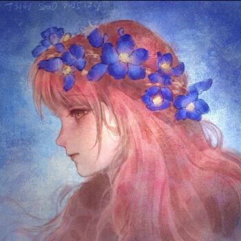 Rule 34 | 1girl, blue background, blue flower, braid, brown eyes, closed mouth, crown braid, dated, expressionless, flower, flower request, from side, head wreath, lipstick, long hair, looking ahead, makeup, nikki (nikki), nikki (series), nostrils, pink hair, portrait, red lips, sea0, signature, solo, very long hair, wavy hair