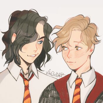 2boys artist_name black_hair blue_eyes brown_eyes brown_hair collar eyebrows_hidden_by_hair eyes_visible_through_hair facial_scar gryffindor harry_potter_(series) hogwarts_school_uniform looking_at_another male_focus medium_hair multiple_boys multiple_scars necktie parted_lips remus_lupin scar scar_across_eye scar_on_cheek scar_on_face scar_on_nose school_uniform shirt short_hair simple_background sirius_black striped_necktie teeth upper_body vikconder white_shirt wing_collar wizarding_world