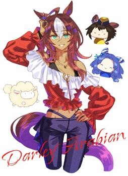 3girls ahoge animal_ears blue_hair blue_pants breasts brown_hair byerley_turk_(umamusume) closed_eyes closed_mouth commentary_request dark-skinned_female dark_skin darley_arabian_(umamusume) ear_covers ear_ornament frown godolphin_barb_(umamusume) green_eyes highres horse_ears horse_girl horse_tail jagaimobeniko long_hair long_sleeves looking_at_viewer midriff multicolored_hair multiple_girls navel off-shoulder_shirt off_shoulder open_mouth pants panty_straps red_shirt sheep shirt short_hair smile tail umamusume white_hair