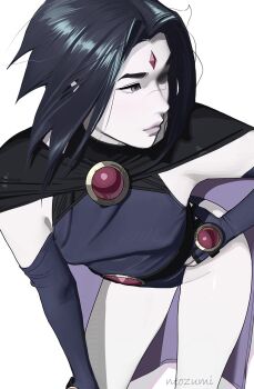 1girl armpit_peek armpits artist_name belt bent_over black_belt black_cape blue_hair blue_leotard blue_sleeves cape colored_skin dc_comics detached_sleeves facing_to_the_side forehead_jewel gem hand_on_own_hip highleg highleg_leotard highres leotard light_smile lips long_sleeves looking_to_the_side neozumi profile purple_eyes purple_lips raven_(dc) red_gemstone short_hair sidelocks signature simple_background sleeves_past_wrists solo teen_titans thighs twitter_username white_background white_skin