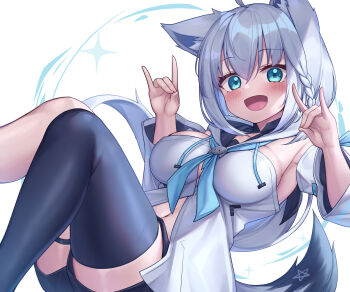 1girl :d absurdres animal_ears aqua_eyes black_thighhighs braid deaver fox_ears fox_girl fox_shadow_puppet fox_tail highres hololive open_mouth shirakami_fubuki shirakami_fubuki_(1st_costume) side_braid simple_background smile solo tail thighhighs virtual_youtuber white_background