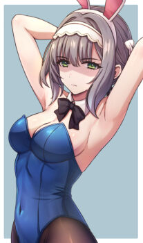 1girl animal_ear_hairband animal_ears armpits black_bow black_bowtie black_pantyhose blue_background blue_leotard bow bowtie breasts cleavage covered_navel detached_collar fake_animal_ears gakuen_idolmaster green_eyes grey_hair hairband highleg highleg_leotard highres hiwatari_kanae idolmaster leotard medium_breasts pantyhose playboy_bunny presenting_armpit rabbit_ears ryusei2u short_hair solo strapless strapless_leotard two-tone_background white_hairband