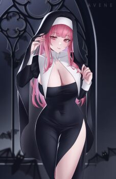 1girl alternate_costume avene_chan black_dress blunt_bangs breasts cleavage cleavage_cutout closed_mouth clothing_cutout coif covered_navel cowboy_shot dress hand_up highres hololive hololive_english large_breasts long_hair long_sleeves looking_at_viewer mori_calliope nun pink_eyes pink_hair side_slit sidelocks solo straight_hair virtual_youtuber