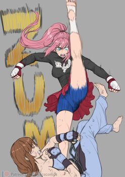 Rule 34 | absurdres, axe kick, bike shorts, highres, kicking, mixed martial arts, muay thai, original, pink hair, rash guard