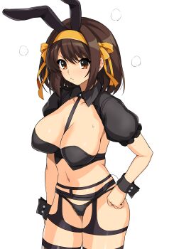 1girl absurdres alternate_costume animal_ears black_bra black_panties black_shrug black_wrist_cuffs bra brown_eyes brown_hair collarbone collared_shrug commentary_request covered_erect_nipples cowboy_shot fake_animal_ears hair_ribbon hairband haruhisky highres looking_at_viewer medium_hair navel nontraditional_playboy_bunny panties puffy_short_sleeves puffy_sleeves rabbit_ears ribbon short_sleeves shrug_(clothing) simple_background solo standing stomach suzumiya_haruhi suzumiya_haruhi_no_yuuutsu sweat underwear white_background wrist_cuffs yellow_hairband yellow_ribbon