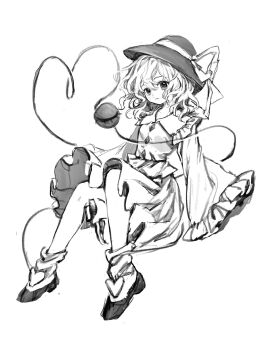 1girl 80isiiii absurdres closed_mouth collared_shirt eyeball frilled_shirt_collar frilled_sleeves frills full_body greyscale hat hat_ribbon heart heart_of_string highres komeiji_koishi long_hair long_sleeves monochrome ribbon shirt shoes skirt sleeves_past_fingers sleeves_past_wrists socks solo third_eye touhou wide_sleeves