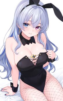 1girl absurdres animal_ear_hairband animal_ears arm_support bare_shoulders bed_sheet black_leotard black_wrist_cuffs blue_eyes blue_gemstone blue_hair blue_streaks blush breasts cleavage colored_inner_hair criss-cross_straps cross-shaped_pupils crossed_bangs detached_collar earrings fake_animal_ears fishnet_pantyhose fishnets gem gold_earrings grey_hair hair_between_eyes hair_intakes hairband hand_up heterochromia highres jewelry large_breasts leotard leotard_tug long_hair looking_at_viewer multicolored_hair nail_polish nameko_houshi neo-porte pantyhose parted_lips pink_eyes playboy_bunny purple_nails rabbit_ears sidelocks simple_background sitting solo strapless strapless_leotard streaked_hair symbol-shaped_pupils tentei_forte very_long_hair virtual_youtuber white_background wrist_cuffs