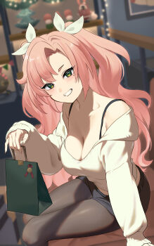 1girl absurdres alternate_costume arm_support bag bangboo_(zenless_zone_zero) bare_shoulders black_shorts blurry blurry_background blush breasts brown_pantyhose christmas_ornaments cleavage collarbone commentary_request cowboy_shot figure green_bag green_eyes grin head_tilt highres holding holding_bag indoors large_breasts long_hair looking_at_viewer mal_to_mal mole mole_under_eye nicole_demara off-shoulder_shirt off_shoulder pantyhose parted_lips pink_hair ribbon shirt shopping_bag short_eyebrows shorts sitting smile solo two_side_up white_ribbon white_shirt zenless_zone_zero