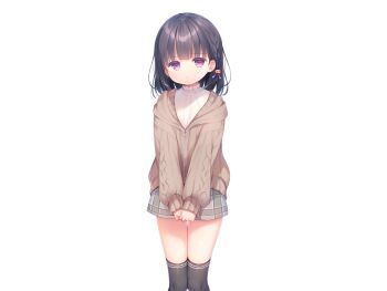 1girl black_hair black_thighhighs blunt_bangs braid brown_cardigan cardigan closed_mouth feet_out_of_frame game_cg grey_skirt kazari_(mainichi_kiss_shite_lolita) large_variant_set long_sleeves looking_at_viewer mainichi_kiss_shite_lolita miniskirt non-web_source pink_eyes piyodera_mucha plaid_clothes plaid_skirt short_hair simple_background skirt solo standing sweater tachi-e thighhighs transparent_background variant_set white_sweater