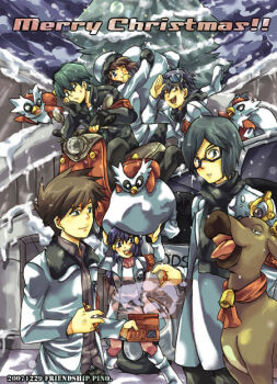 2007 2girls 4boys alternate_costume ash_ketchum conway_(pokemon) dawn_(pokemon) delibird drew_(pokemon) gary_oak gen_2_pokemon may_(pokemon) merry_christmas multiple_boys multiple_girls nintendo pokemon pokemon_(anime) snow stantler tagme