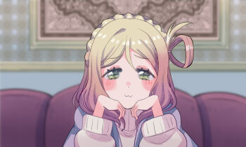 1girl :3 blonde_hair blunt_bangs braid closed_mouth commentary cream_(nipakupa) crown_braid green_eyes hair_rings hands_on_own_cheeks hands_on_own_face indoors long_sleeves looking_at_viewer love_live! love_live!_sunshine!! ohara_mari portrait single_hair_ring smile solo sweater yellow_sweater
